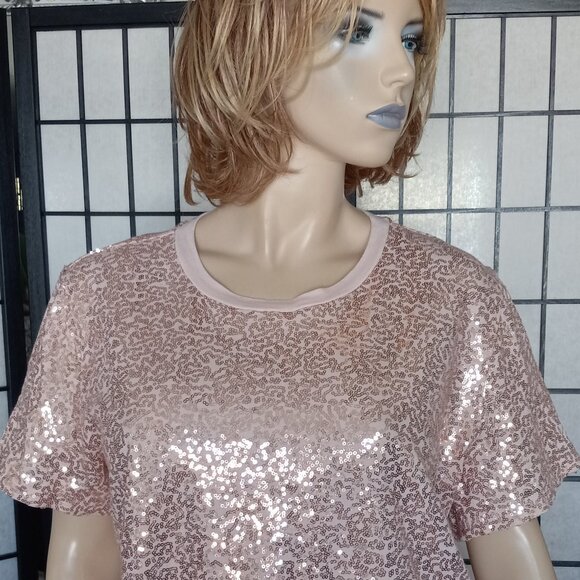 NWOT DKNY Rose Gold Sequin Short Sleeve Top Size XL Glamorous & Stretchy - Picture 5 of 7